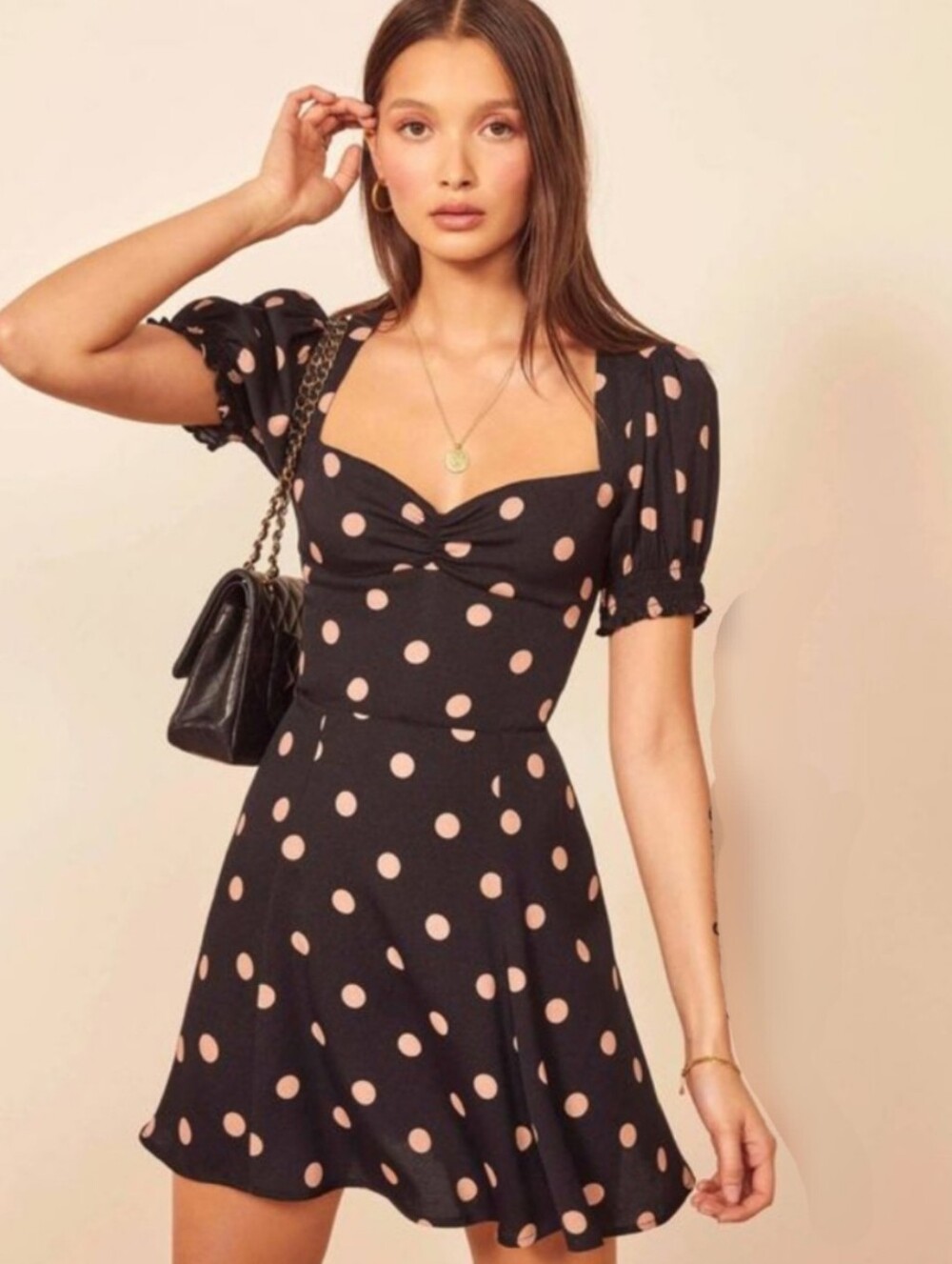 Reformation Drea Sweetheart Neckline Mini Dress Black Pink Polka Dot, Size 0